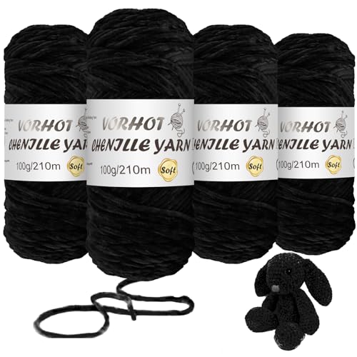 VORHOT 4x100g Chenille Wolle zum Häkeln, Chenille Samtig Babywolle, Weiche Chenille Garn, Kuschelweich Chenillegarn, Samt Velvet Wolle Chenille Zum Stricken und Häkeln, 210m, Schwarz VORHOT 4x100g Chenille Wolle zum Häkeln, Chenille Samtig Babywolle, Weiche Chenille Garn, Kuschelweich Chenillegarn, Samt Velvet Wolle Chenille Zum Stricken und Häkeln, 210m, Schwarz von VORHOT