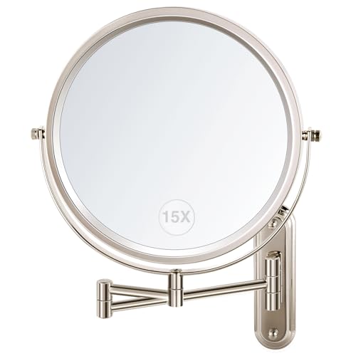 VORREMIRR Wandmontierter Schminkspiegel, 15X/1X beidseitiger Vergrößerungsspiegel, 8,5 Zoll rund, gebürstetes Nickel, modernes Design, Weltraum-Thema, 33 cm (L) x 28 cm (W) von VORREMIRR