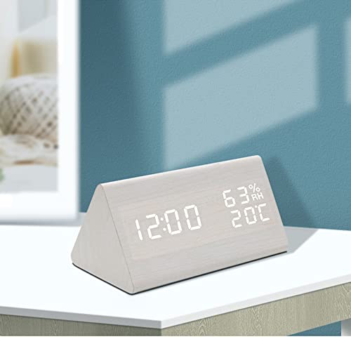 VORRINC Digitaler Wecker LED Holz Wecker Uhr Reisewecker mit 2 Alarmen/Temperaturanzeige/Luftfeuchtigkeit, 3 Helligkeit, Nachttisch Schlafzimmer (Weiß) von VORRINC