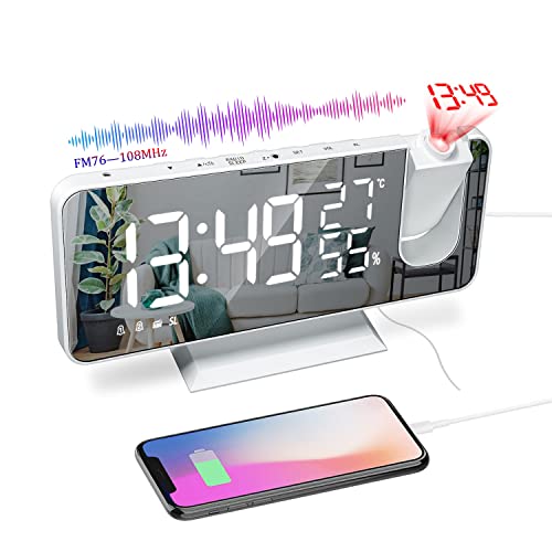 VORRINC Projektionswecker, Radiowecker Digitaler Wecker mit FM-Radio, 7" LED Spiegelbildschirm, Dual-Alarm mit USB-Anschluss, 4 Projektionshelligkeit, 180 ° Flip-Anzeige und 12 / 24Hr (B) von VORRINC