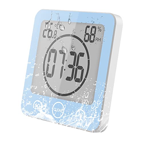 VORRINC Uhr Badezimmer, Bad Uhr Wasserdicht Berührungssteuerung ℃ / ℉ Luftfeuchtigkeit Temperatur LCD Display, Badezimmeruhr mit saugnapf, Countdown Timer, für Dusche Küche (Blau) von VORRINC