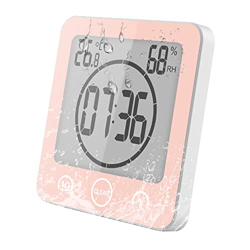 VORRINC Uhr Badezimmer, Badezimmeruhr mit saugnapf, Bad Uhr Badezimmeruhr Wasserdicht Berührungssteuerung ℃ / ℉ Luftfeuchtigkeit Temperatur LCD Display, Countdown Timer, 3 Montagemethoden (Rosa) von VORRINC