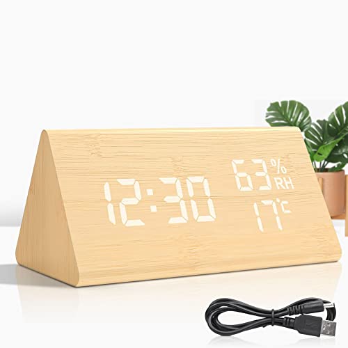 VORRINC Wecker Digitaler Wecker Uhr Holz, Holzoptik Wecker Tischuhr mit Sprachsteuerung/Datum/Innentemperatur und Luftfeuchtigkeit, 3 einstellbare Alarmgruppe, für Zuhause, Kinder, und Büro (Bambus) von VORRINC