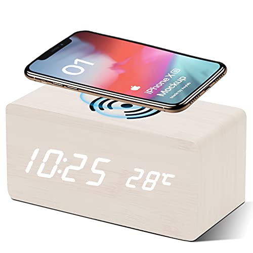 VORRINC Wecker LED Holz Digitaler Wecker, mit Wireless Charger Datum Sprachsteuerung Innentemperatur 3 Helligkeit 3 Alarm Einstellung Für Zuhause Schlafzimmer Und Büro (Weiß) von VORRINC