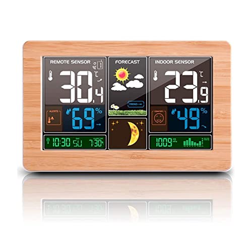 VORRINC Wetterstation Funk mit Außensensor,Wettervorhersage,Farbdisplay,Innen Aussen Digital Thermometer,Hydrometer Feuchtigkeit, DCF Empfangssignal Funkuhr,Mondphase(Wood) von VORRINC