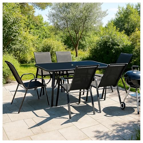 VORTIVO 7-teiliges Gartenmöbel Set | Sitzgruppe Essgruppe für 6 Personen – Tisch mit Glasplatte Stühle stapelbar – wetterfeste Essgruppe für Garten, Balkon & Terrasse – Schwarz von VORTIVO