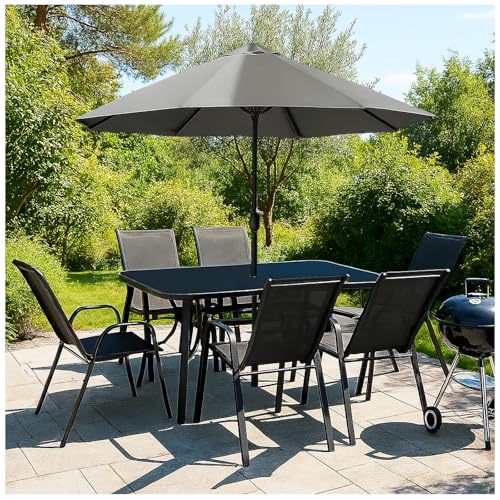 VORTIVO 8-teiliges Gartenmöbel Set | Sitzgruppe für 6 Personen mit Sonnenschirm – Tisch mit Glasplatte Stühle stapelbar – wetterfeste Essgruppe für Garten, Balkon & Terrasse – Schwarz von VORTIVO