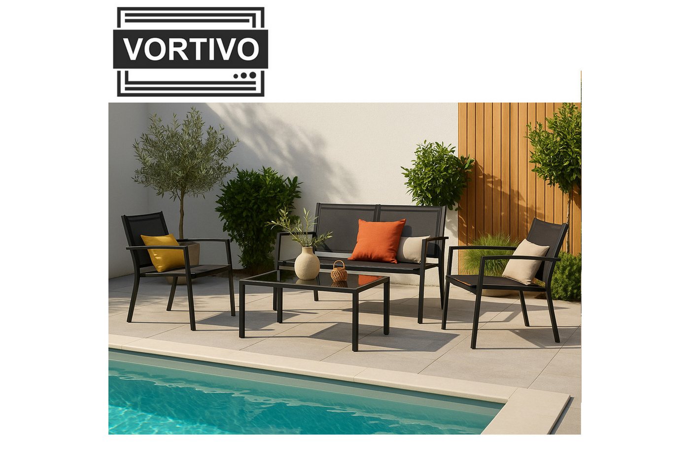 VORTIVO Gartenlounge-Set klein für 4 Personen, wetterfest, (Balkonmöbel Set outdoor, 4-tlg., mit Glastisch, 2 Sesseln & Sofa – UV-beständig & pflegeleicht), Gartenmöbel für Terrasse, Balkon, Garten von VORTIVO
