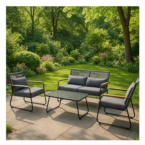 VORTIVO Gartenmöbel Set 4-teilig für 4 Personen – Lounge Sitzgruppe mit 2 Sesseln, Sofa & Tisch – Metallgestell & Polster – Outdoor Möbel für Terrasse Balkon Garten von VORTIVO