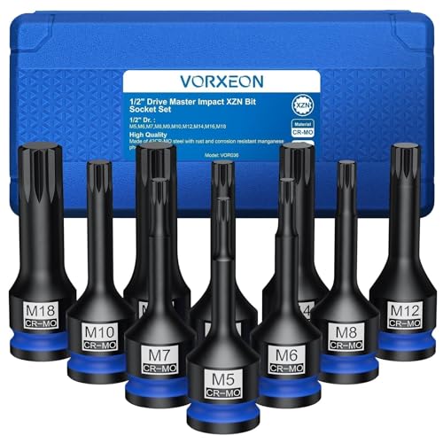 VORXEON 10PCS XZN Vielzahn Nuss Satz 1/2" Kraft Steckschlüssel Satz M5/M6/M7/M8/M9/M10/M12/M14/M16/M18 42CRMO mit Aufbewahrungsbox von VORXEON