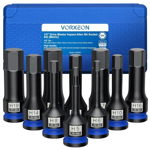 VORXEON 10PCS 1/2" Drive Sechskant Steckschlüssel Satz 5mm 6mm 8mm 10mm 12mm 14mm 16mm 17mm 18mm 19mm 42CRMO mit Aufbewahrungsbox von VORXEON