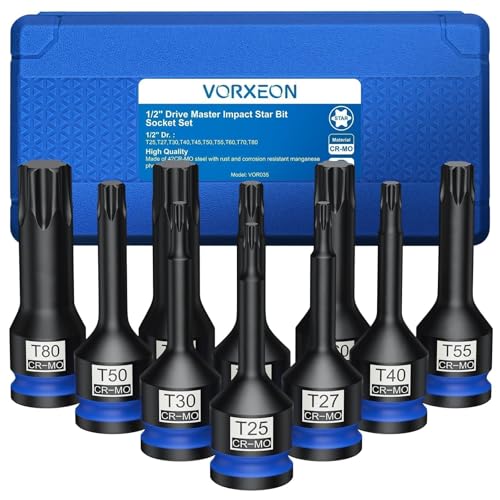 VORXEON 10PCS 1/2" Drive TX Star Bit Steckschlüssel Satz T25 T27 T30 T40 T45 T50 T55 T60 T70 T80 42CRMO mit Aufbewahrungsbox von VORXEON