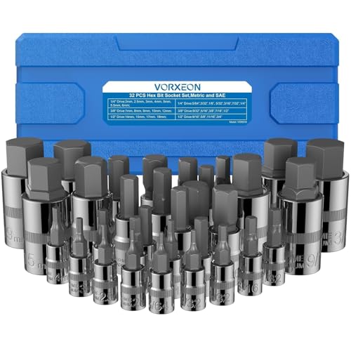 VORXEON 32PCS Sechseckige Steckschlüssel Rohrsteckschlüsselsatz Master HEX Bit Socket Set SAE- und Metrische Sets 2MM-19MM & 5/64" - 3/4", 3 Größen 1/4 3/8 1/2 Zoll mit Aufbewahrungskoffer von VORXEON