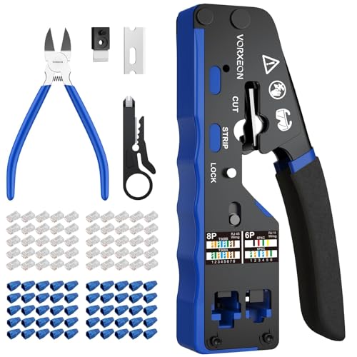 VORXEON RJ45 Crimpzange 8P + 6P Netzwerk Werkzeug Set mit 50 x Cat6 RJ45 Stecker 50 x Schutzabdeckung 1x Kabelschneider & 1x Abisolierzange Für 8P RJ45 CAT5/CAT5E/CAT6/CAT6A/CAT7 & 6P RJ11 CAT3 VORXEON RJ45 Crimpzange 8P + 6P Netzwerk Werkzeug Set mit 50 x Cat6 RJ45 Stecker 50 x Schutzabdeckung 1x Kabelschneider & 1x Abisolierzange Für 8P RJ45 CAT5/CAT5E/CAT6/CAT6A/CAT7 & 6P RJ11 CAT3 von VORXEON