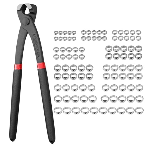 VORXEON Schlauchschellen Ohrklemmenzange Set Mit 100PCS Schhlauchklemmen 5,8-21mm（10 Größen）max. Öffnung 32mm Aus 304 Edelstahl Zange Einzelohrschlauchklemme Klemmwerkzeugsatz Für Securing Pipe von VORXEON