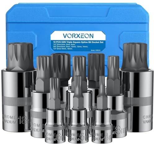 VORXEON XZN Innenvielzahn Bitse 10PCS Steckschlüsselsätze Vielzahn Nuss Satz europäisches M4 - M18 50BV30 CR-V-Antriebsbuchse S2 legiertem Stahl mit Aufbewahrungskoffer 3 Größen 1/4 3/8 1/2 Zoll von VORXEON