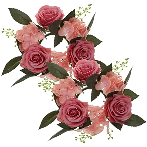 VOSAREA 2 Stücke Kerzenkranz Rose Kranz Kerzenring Hochzeit Kerzenhalter Ostern Blumenkranz Künstliche Blumen Türkranz für Stumpenkerzen Stabkerzen Valentinstag Deko Tischdeko von VOSAREA