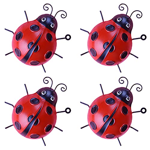 VOSAREA 4 Stücke Marienkäfer Figur Deko 3D Metall Wanddeko Eisen Gartenfigur Dekofigur Tierfiguren Wandskulptur Statue Wandverzierung für Außen Zaun Terrassen Dekoration von VOSAREA