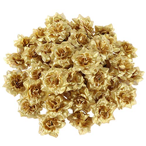 VOSAREA 50 Stück goldene Rosenköpfe künstliche Blütenköpfe Rosen Hochzeit Deko Ø 4,5 cm goldene Kunstblumen Blüten Köpfe Seide Rosen Köpfe zum Basteln Hochzeit Deko Tischdeko von VOSAREA