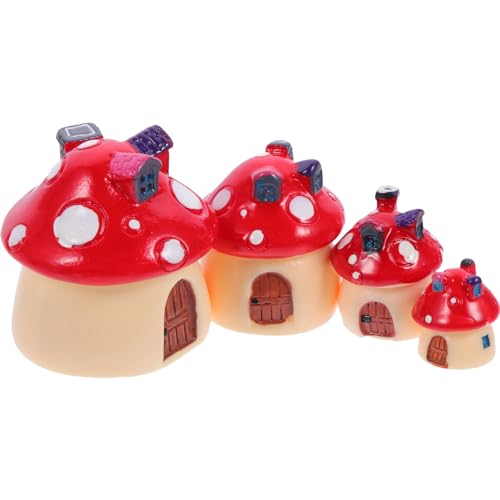 VOSAREA Mini Pilzhaus, 4 Stück Miniatur Pilze Feengarten Zubehör, Pilzhaus Deko Ornamente Pilze Mikro Landschaft Mini Pilze Deko für Puppen Pflanze Tortenfigur, Rot von VOSAREA