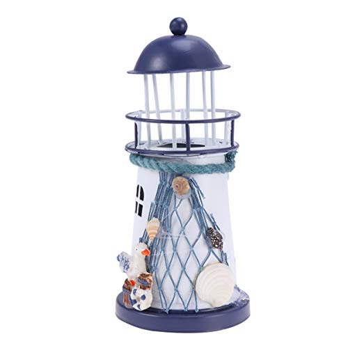 VOSAREA Windlichthalter Vintage Eisen Leuchtturm Modell mit Vogel Fischnetze LED Dekorative Kerzenlaternen Kerzenständer Nautische Maritime Deko (Blau und Weiß) von VOSAREA