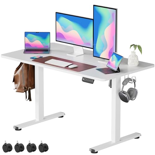 VOSATRON Elektrisch Höhenverstellbarer Schreibtisch 120x60cm Schreibtisch Höhenverstellbar mit Memory-Steuerung und Anti-Kollision Technologie, Rollen, Spleißbrett, Weiß Rahmen/Weiß Tischplatte von VOSATRON