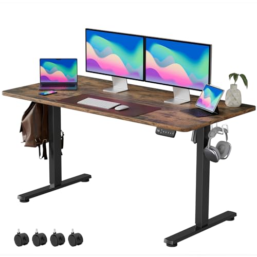 VOSATRON Elektrisch Höhenverstellbarer Schreibtisch 140x60cm Schreibtisch Höhenverstellbar mit Memory-Steuerung und Anti-Kollision Technologie, Rollen, Spleißbrett, Schwarz Rahmen/braun Tischplatte von VOSATRON