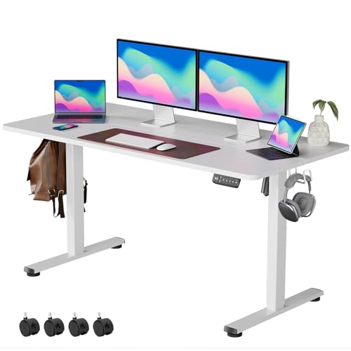 VOSATRON Elektrisch Höhenverstellbarer Schreibtisch 140x60cm Schreibtisch Höhenverstellbar mit Memory-Steuerung und Anti-Kollision Technologie, Rollen, Spleißbrett, Weiß Rahmen/Weiß Tischplatte von VOSATRON