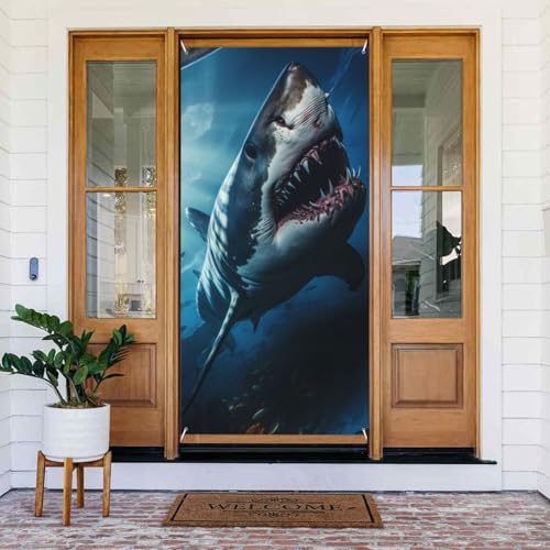 3D Realistische Hai-Türabdeckungen dekorativ – Innen- und Außenbereich, Türbanner Dekorationen, Frühling/Sommer/Herbst/Winter, Halloween-Weihnachtsdekorationen von VOSERY