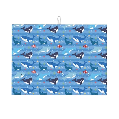 Abtropfmatte, Mikrofaser, große Abtropfmatte für Küchentheke, super saugfähig, Abtropfmatte, blauer Fischdruck, 45,7 x 61 cm, leicht zu reinigen von VOSERY