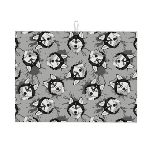 Abtropfmatte, Mikrofaser, große Abtropfmatte für Küchentheke, super saugfähig, Abtropfmatte, niedlich, lustig, Husky, Grau, 45,7 x 61 cm, leicht zu reinigen von VOSERY