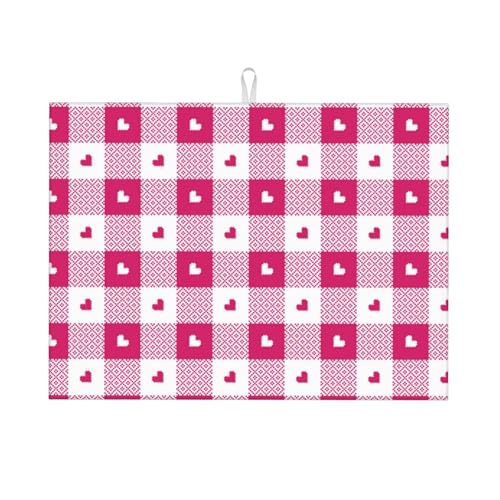 Abtropfmatte, Mikrofaser, große Abtropfmatte für Küchentheke, super saugfähig, Geschirr-Abtropfmatte, Hot Pink kariertes Herz, 45,7 x 61 cm, leicht zu reinigen von VOSERY
