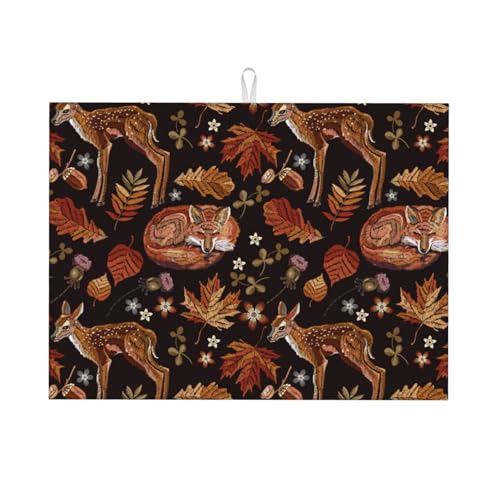 Abtropfmatte, Mikrofaser, große Abtropfmatte für Küchentheke, super saugfähig, Stickerei, Hirsch, Fuchs, Ahornblatt, Abtropfmatte, 45,7 x 61 cm, leicht zu reinigen von VOSERY