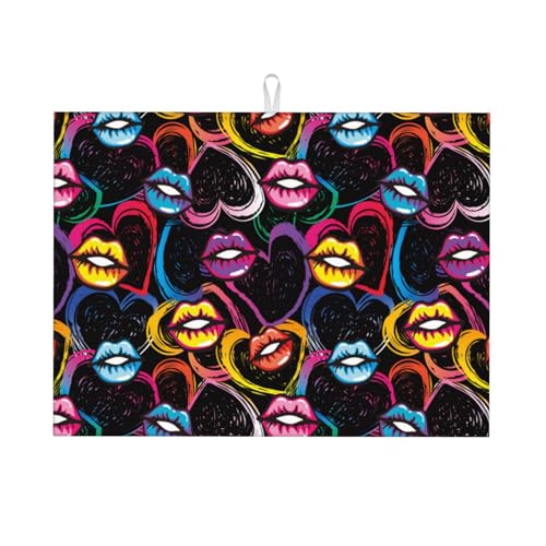 Abtropfmatte, Mikrofaser, große Abtropfmatte für Küchentheke, super saugfähig, bunte Lippen, Herzen, Abtropfmatte, 45,7 x 61 cm, leicht zu reinigen von VOSERY