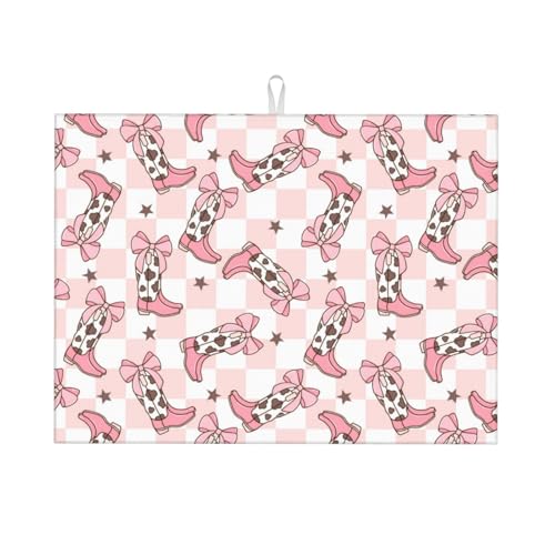 Abtropfmatte, Mikrofaser, große Abtropfmatte für Küchentheke, super saugfähig, rosa Schachbrettmuster, Cowgirl-Stiefel, Abtropfmatte, 45,7 x 61 cm, leicht zu reinigen von VOSERY