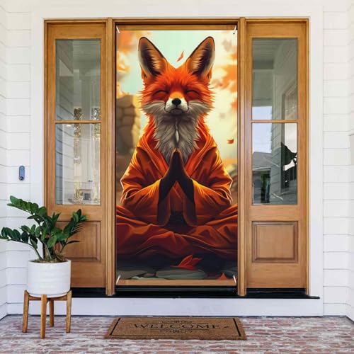 Ahornblatt meditierende Fuchs-Türabdeckungen dekorativ – Türbanner für drinnen und draußen, Frühling/Sommer/Herbst/Winter, Halloween-Weihnachtsdekorationen von VOSERY