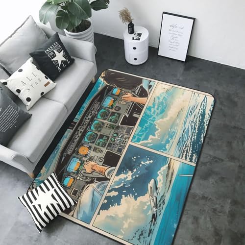 Comic-Flugzeug-Cockpit-Illustration-Teppich für Wohnzimmer, Schlafzimmer, Innenbereich, Schlafzimmer, Dekoration, ästhetisch, 12,7 x 17,8 cm, weicher Überwurf, waschbar, rutschfester Teppich Comic-Flugzeug-Cockpit-Illustration-Teppich für Wohnzimmer, Schlafzimmer, Innenbereich, Schlafzimmer, Dekoration, ästhetisch, 12,7 x 17,8 cm, weicher Überwurf, waschbar, rutschfester Teppich von VOSERY
