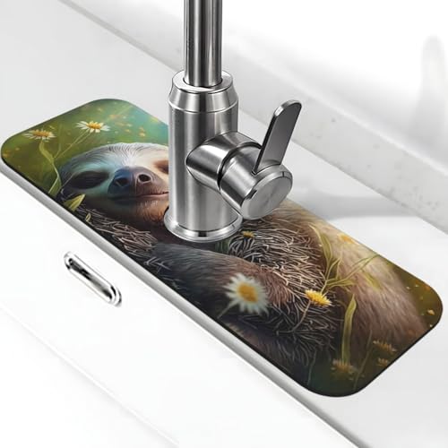 Daisy Sleeping Faultier Wasserhahn Matte für Küchenspüle, Abtropfmatte für Küchenspüle, Spritzschutz, saugfähig, schnell trocknend, Küchenspüle, Wasserhahnmatte, Badezimmer-Waschbeckenmatte Daisy Sleeping Faultier Wasserhahn Matte für Küchenspüle, Abtropfmatte für Küchenspüle, Spritzschutz, saugfähig, schnell trocknend, Küchenspüle, Wasserhahnmatte, Badezimmer-Waschbeckenmatte von VOSERY