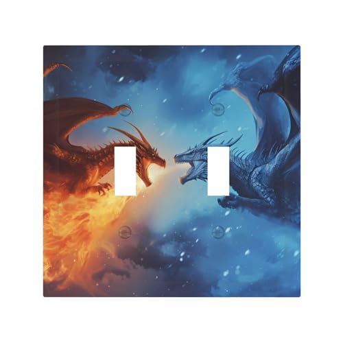 Dekorative Lichtschalter-Abdeckplatte für Kippschalter, 2-Gang-Wandplatten, mittlere Größe, 12,4 x 12,7 cm, roter und blauer Feuerdrache A, Wandplatte, Polycarbonat, thermoplastisch Dekorative Lichtschalter-Abdeckplatte für Kippschalter, 2-Gang-Wandplatten, mittlere Größe, 12,4 x 12,7 cm, roter und blauer Feuerdrache A, Wandplatte, Polycarbonat, thermoplastisch von VOSERY