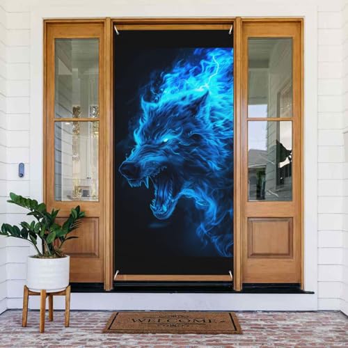 Eisblaue Feuerwolf-Türabdeckungen, dekorativ – Türbanner für drinnen und draußen, Frühling/Sommer/Herbst/Winter, Halloween-Weihnachtsdekorationen von VOSERY