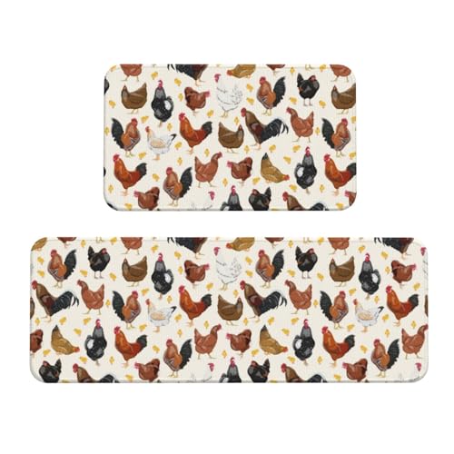 Küchenmatten für den Boden, 2 Stück, stilvolle Anti-Ermüdungs-Matten für Küchenböden, Hähne und Hühner, Küchenteppich, rutschfest, waschbar, für Schlafzimmer, Badezimmer, Zuhause, Küchendekoration von VOSERY
