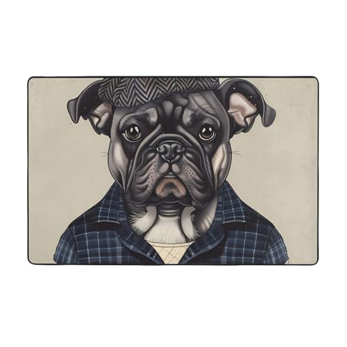 Teppich für Wohnzimmer, Schlafzimmer, 7,6 x 12,7 cm, weicher Überwurf, waschbar, rutschfest, Hipster-Bulldogge, Illustration, Innen-Bodenteppich, Schlafzimmerdekoration, ästhetisch, 152,4 x 99,1 cm Teppich für Wohnzimmer, Schlafzimmer, 7,6 x 12,7 cm, weicher Überwurf, waschbar, rutschfest, Hipster-Bulldogge, Illustration, Innen-Bodenteppich, Schlafzimmerdekoration, ästhetisch, 152,4 x 99,1 cm von VOSERY