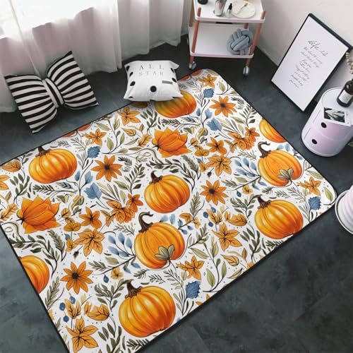 Teppich für Wohnzimmer, Schlafzimmer, Herbst-Kürbisblüten, weicher Überwurf, waschbar, 7,6 x 12,7 cm, rutschfester Teppich, Innen-Bodenteppich, Schlafzimmerdekoration, ästhetisch von VOSERY