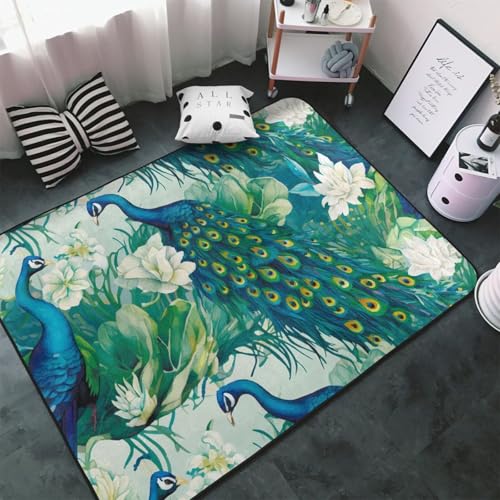 Teppich für Wohnzimmer, Schlafzimmer, Pfau und Blumen, weicher Überwurf, waschbar, 7,6 x 12,7 cm, rutschfester Teppich, Innen-Bodenteppich, Schlafzimmerdekoration, ästhetisch Teppich für Wohnzimmer, Schlafzimmer, Pfau und Blumen, weicher Überwurf, waschbar, 7,6 x 12,7 cm, rutschfester Teppich, Innen-Bodenteppich, Schlafzimmerdekoration, ästhetisch von VOSERY
