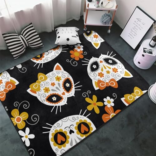 Teppiche für Wohnzimmer, Schlafzimmer, Katzentotenköpfe und Blumen, weicher Überwurf, waschbar, 7,6 x 12,7 cm, rutschfester Teppich, Innen-Bodenteppich, Schlafzimmerdekoration, ästhetisch Teppiche für Wohnzimmer, Schlafzimmer, Katzentotenköpfe und Blumen, weicher Überwurf, waschbar, 7,6 x 12,7 cm, rutschfester Teppich, Innen-Bodenteppich, Schlafzimmerdekoration, ästhetisch von VOSERY