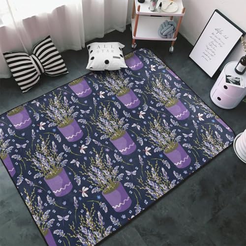 Teppiche für Wohnzimmer, Schlafzimmer, Lavendelblumen, Blumentopf, weicher Überwurf, waschbar, 7,6 x 12,7 cm, rutschfester Teppich, Lavendel-Blumen, Blumentopf, Innen-Bodenteppich von VOSERY