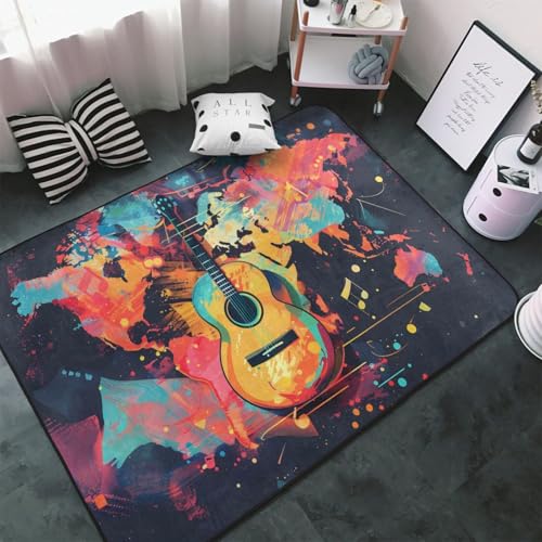 Teppiche für Wohnzimmer, Schlafzimmer, Weltkarte, Gitarre, Illustration, weicher Überwurf, waschbar, 7,6 x 12,7 cm, rutschfester Teppich, Weltkarte, Gitarre, Illustration, Innen-Bodenteppich Teppiche für Wohnzimmer, Schlafzimmer, Weltkarte, Gitarre, Illustration, weicher Überwurf, waschbar, 7,6 x 12,7 cm, rutschfester Teppich, Weltkarte, Gitarre, Illustration, Innen-Bodenteppich von VOSERY
