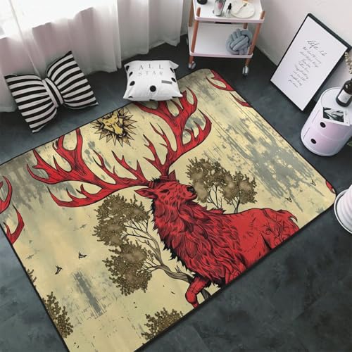 Teppiche für Wohnzimmer, Schlafzimmer, mythische rote Hirsch-Illustration, weicher Überwurf, waschbar, 7,6 x 12,7 cm, rutschfester Teppich, Innen-Bodenteppich, Schlafzimmerdekoration, ästhetisch Teppiche für Wohnzimmer, Schlafzimmer, mythische rote Hirsch-Illustration, weicher Überwurf, waschbar, 7,6 x 12,7 cm, rutschfester Teppich, Innen-Bodenteppich, Schlafzimmerdekoration, ästhetisch von VOSERY