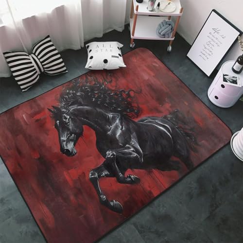 Teppiche für Wohnzimmer, Schlafzimmer, schwarzer Hengst auf roter Leinwand, weicher Überwurf, waschbar, 7,6 x 12,7 cm, rutschfester Teppich, Innen-Bodenteppich, Schlafzimmerdekoration, ästhetisch Teppiche für Wohnzimmer, Schlafzimmer, schwarzer Hengst auf roter Leinwand, weicher Überwurf, waschbar, 7,6 x 12,7 cm, rutschfester Teppich, Innen-Bodenteppich, Schlafzimmerdekoration, ästhetisch von VOSERY