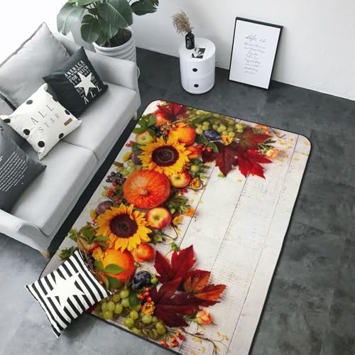 Thanksgiving-Teppich mit Herbstkürbisen, Herbstblätter, für Wohnzimmer, Schlafzimmer, Innenbereich, Schlafzimmer, Dekoration, ästhetisch, 12,7 x 17,8 cm, weicher Überwurf, waschbar, rutschfester von VOSERY